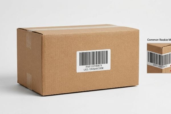Brown cardboard master carton with a flat UCC-128 barcode label, displaying '30201233769673', next to a 'Common Rookie Mistake' example.