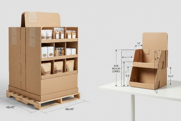 Conformité des présentoirs de comptoir Présentoir de sol en carton ondulé brun sur une palette GMA 48x40, contrastant avec une unité de comptoir plus petite montrant les zones de portée ADA et les dimensions 14, 9,6, 10,4 pouces.