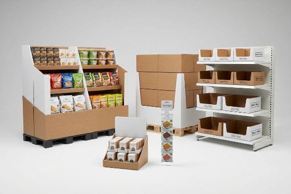 Retail Display Variety Kraft floor display, countertop unit, hanging clip strip, and metal shelving with inline shelf trays for retail products.