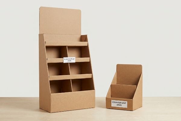 Brown corrugated cardboard Floor Display (Pop) with three shelves and a smaller two-tier Counter Unit (Pos) for retail.