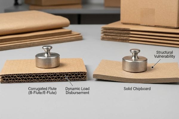 Corrugated Flute Strength Test Corrugated Flute (B-Flute/E-Flute) exhibits Dynamic Load Disbursement, contrasting with Solid Chipboard's Structural Vulnerability under weight.