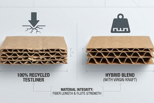 Corrugated Material Comparison Corrugated board comparison of 100% Recycled Testliner and Hybrid Blend (With Virgin Kraft), detailing fiber length and flute strength.