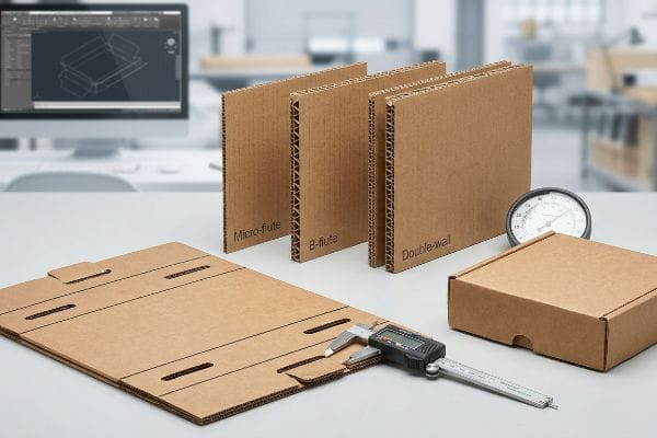 Corrugated Micro-flute, B-flute, and Double-wall samples with a digital caliper measuring flat-pack cardboard thickness.