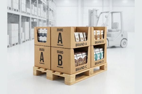 Fractional Merchandising Pallet Wooden pallet with stacked cardboard display units, featuring Brand A, Brand B, Brand C, and Brand D products for fractional merchandising.
