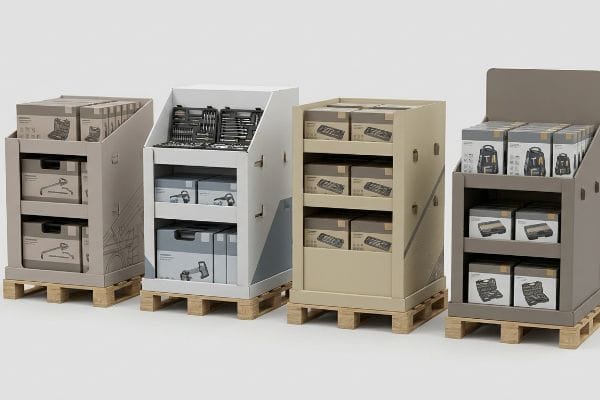 Quarter-Pallet Merchandisers Corrugated fractional quarter-pallet merchandisers on wooden pallets, displaying tool kits, footwear, and electronics.