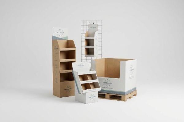 Corrugated cardboard displays for Organic brand, including floor, countertop, sidekick, and pallet merchandisers.