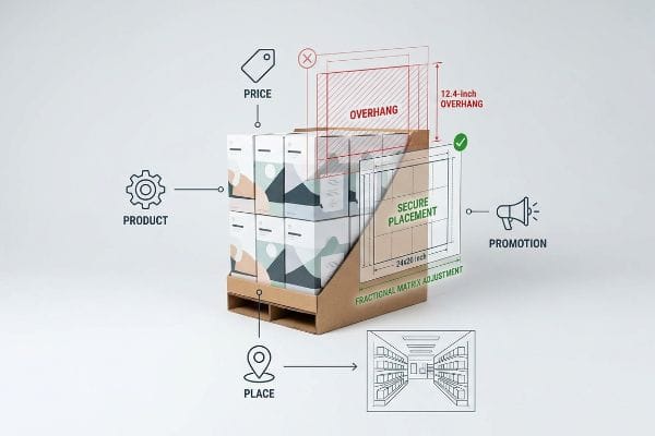Cardboard display illustrating 4 Ps of CPG: Product, Price, Place, Promotion, with 12.4-inch Overhang and 24x20 inch Secure Placement.