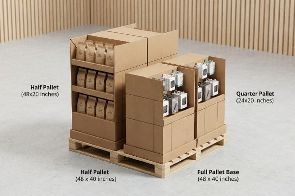 Corrugated cardboard Half Pallet (48x20 inches) displays with coffee bags and Quarter Pallet (24x20 inches) with electronics, all on a Full Pallet Base (48x40 inches).