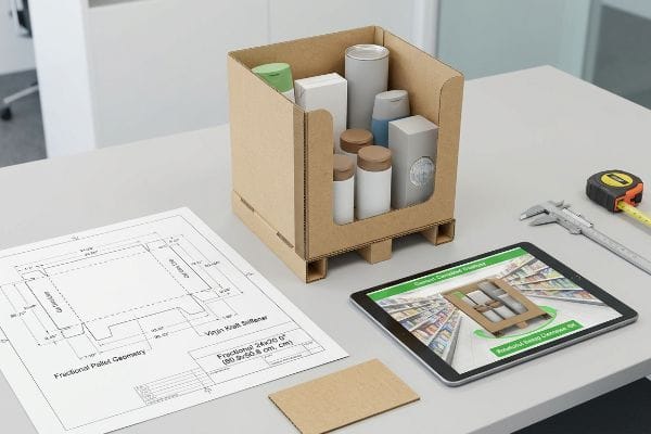 Fractional Pallet Design Process Virgin kraft cardboard fractional quarter-pallet display, technical drawing of Fractional Pallet Geometry 24x20 (60.9x50.8 cm), and a tablet showing Rotational Sweep Clearance OK, with measuring tools.
