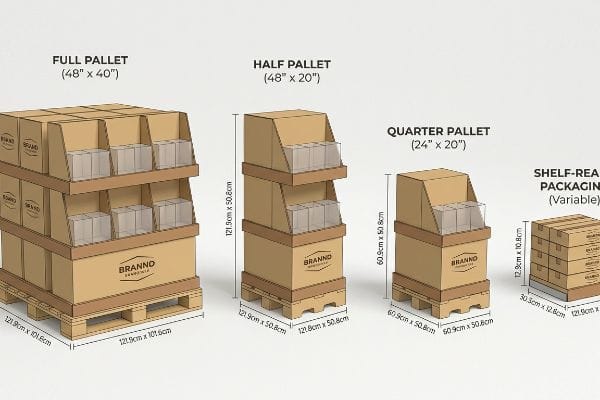BrannD Display Pallets Brown corrugated cardboard BrannD displays: full pallet (121.9x101.6cm), half pallet (121.9x50.8cm), quarter pallet (60.9x50.8cm), and shelf-ready packaging.