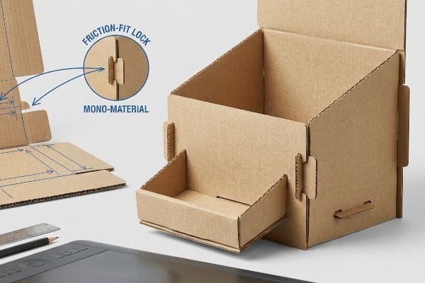 Corrugated cardboard display with a Friction-Fit Lock, showcasing mono-material structural origami for sustainable packaging.