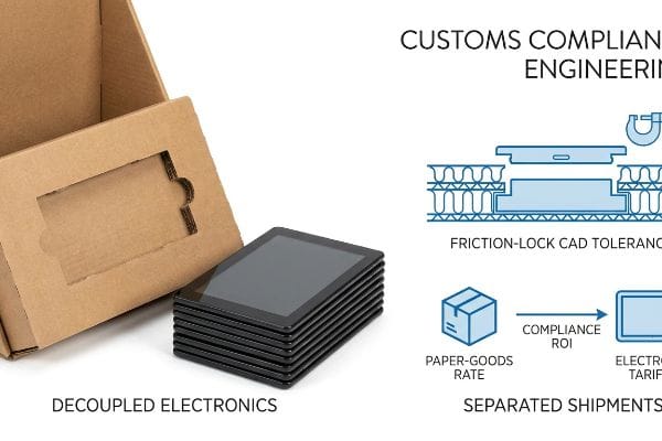 Decoupled Electronics Compliance Decoupled electronics: black tablets and corrugated box with Friction-Lock CAD Tolerance for customs compliance.