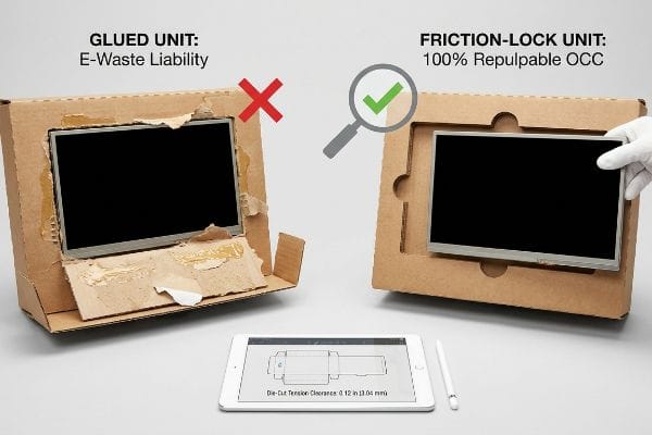 Cardboard packaging comparison showing a Glued Unit with E-Waste Liability versus a Friction-Lock Unit, 100% Repulpable OCC, with a die-cut tension clearance diagram of 0.12 in (3.04 mm).