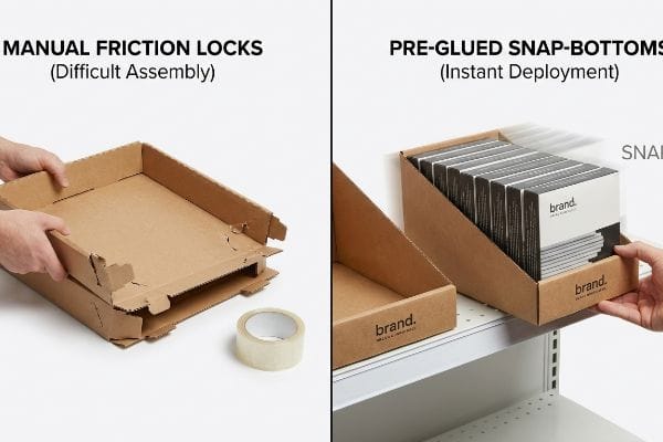 Display Tray Assembly Comparison Brown corrugated cardboard display trays: Manual Friction Locks assembly vs. Pre-Glued Snap-Bottoms for instant 'brand.' product deployment.