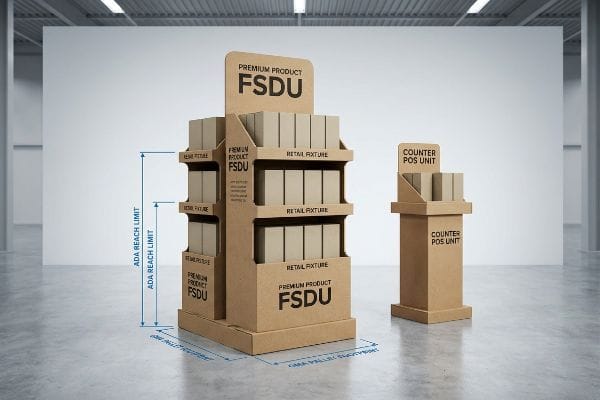 Kraft cardboard Free Standing Display Unit (FSDU) and Counter POS Unit with ADA reach and GMA pallet footprint measurements.