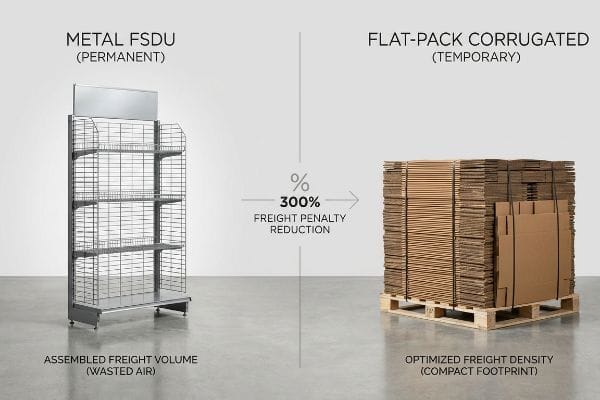 Permanent Metal FSDU's assembled freight volume contrasts with flat-pack corrugated displays, illustrating a 300% freight penalty reduction and optimized freight density.