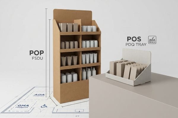 Cardboard Pop FSDU and Pos PDQ Tray displays, showing ADA compliant blueprint, GMA footprint, and ADA Reach for retail.