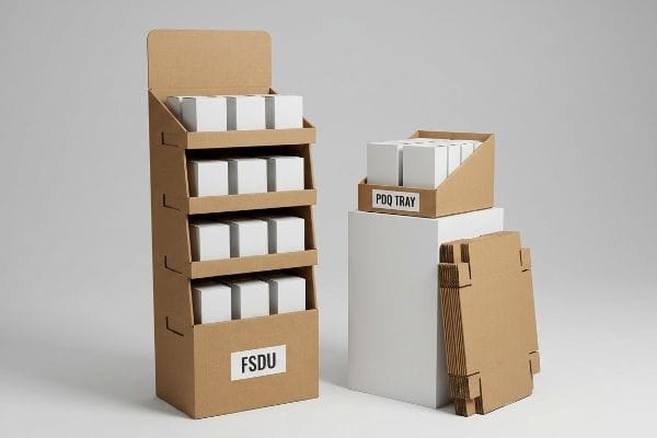 Corrugated cardboard FSDU and PDQ Tray displays, both filled with white product boxes, alongside flat-pack components.