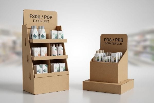 Brown corrugated cardboard FSDU/POP Floor Unit, a point of purchase merchandiser, with shelves displaying product bottles and boxes.