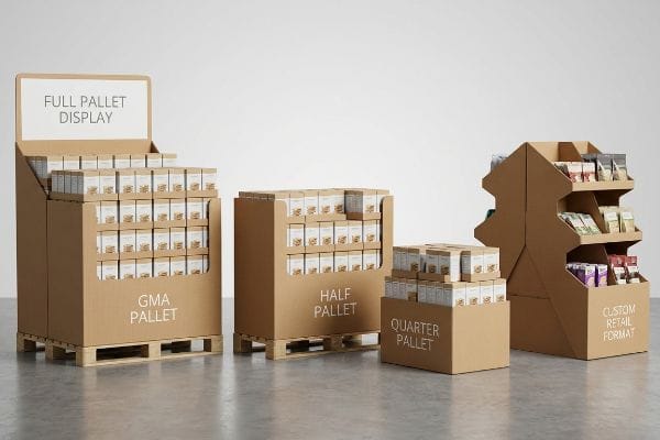 Showcasing various brown cardboard pallet displays: Full Pallet Display (GMA Pallet), Half Pallet, Quarter Pallet, and Custom Retail Format, all stocked with products.