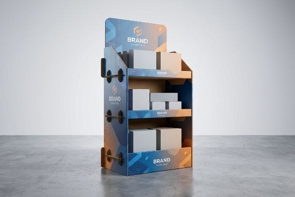 Custom-designed cardboard floor stand with three tiers, blue and orange geometric pattern, 'Brand' text, and plain white product boxes.