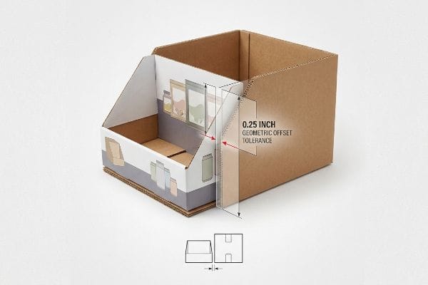 Brown corrugated master carton displaying a 0.25 Inch Geometric Offset Tolerance between its walls and an internal retail-ready tray, preventing friction.