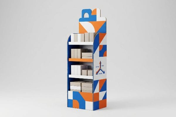 Corrugated retail display with blue, orange, white geometric patterns, shelves of plain boxes, and a logo with 'Do Not Enter', 'Exit', 'Load', 'Unload' text.
