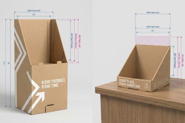 Display Compliance Dimensions Brown corrugated displays, tall floor and short counter units, highlight GMA Pallet Limit and ADA Reach Window compliance.