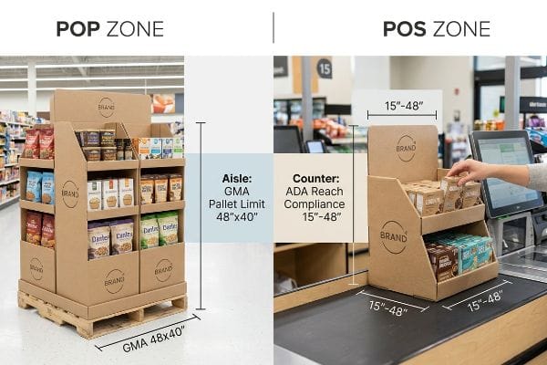 Kraft cardboard displays for POP Zone (GMA 48x40 pallet) and POS Zone (ADA 15-48 inch compliance) retail environments.
