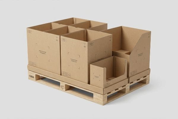 Natural kraft corrugated cardboard modular fractional display units, marked 'internal structure' and 'display-ready', on a Gma wood pallet.