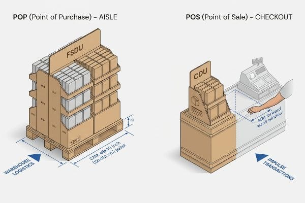 POP Aisle FSDU on GMA 48x40 inch pallet and POS Checkout CDU with ADA forward reach window for impulse transactions.
