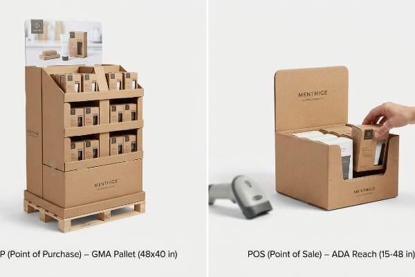 Brown corrugated Menthice POP display on a GMA Pallet (48x40 in) and POS display with hand, scanner, ADA Reach (15-48 in).