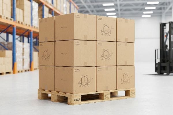 Palletized brown corrugated cardboard boxes on a GMA pallet, ready for warehouse logistics, with shelving and a forklift in a modern distribution center.