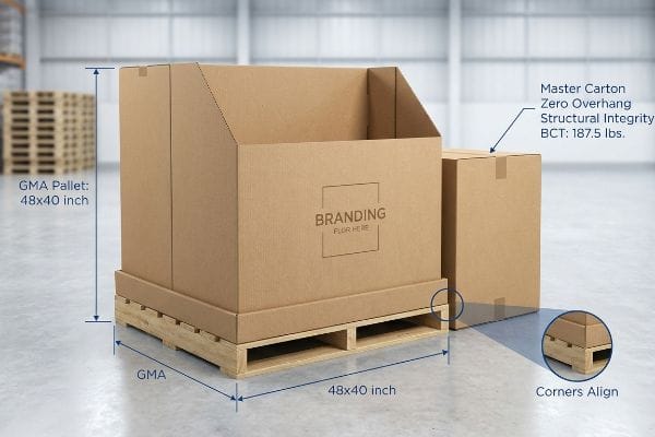 Pallet Zero Overhang Display GMA pallet, 48x40 inch, with a cardboard point of purchase display and master carton demonstrating Zero Overhang, Corners Align, BCT 187.5 lbs.