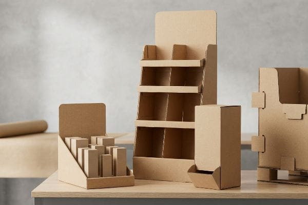 A collection of eco-friendly corrugated cardboard PDQ displays, including a countertop tray, floor-standing unit, and gravity-feed dispenser.