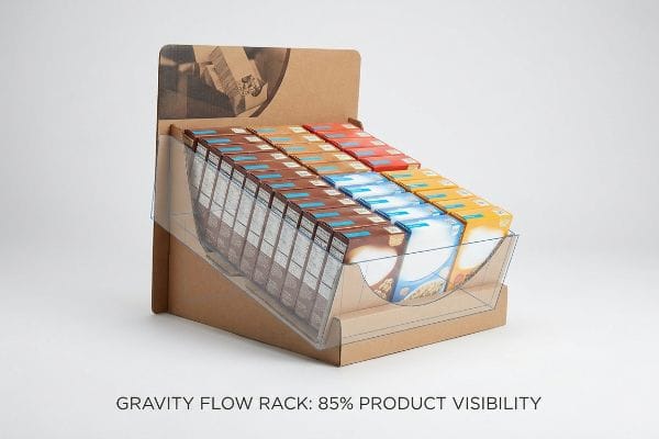 Product Visibility Rack Clear acrylic gravity flow rack displaying rows of cereal boxes on a corrugated cardboard display, emphasizing 85% Product Visibility.