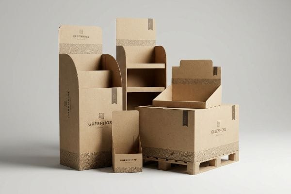 Kraft POP Displays Greenhose Various Greenhose point-of-purchase displays, including floor, countertop, and pallet units, crafted from natural kraft cardboard.