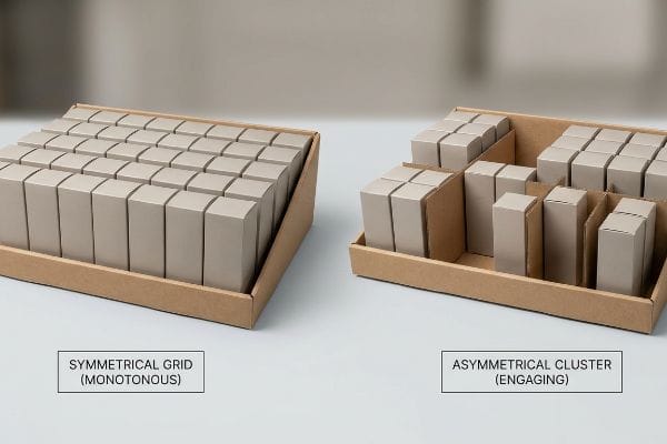Symmetrical vs Asymmetrical Displays Brown cardboard display trays showcase symmetrical grid (monotonous) versus asymmetrical cluster (engaging) product merchandising arrangements.