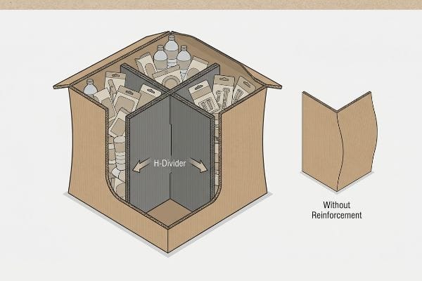 Corrugated dump bin with an H-Divider reinforcement preventing side wall bulge, contrasted with a bowed panel labeled "Without Reinforcement".