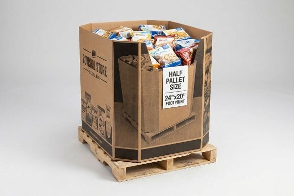 Corridal Store's hexagonal corrugated retail dump bin, Half Pallet Size 24"x20" Footprint, filled with food on a wooden pallet.