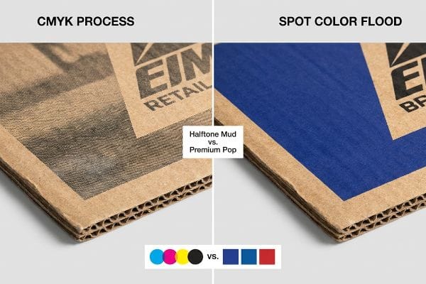 Halftone Mud Premium Pop Corrugated cardboard display comparing grainy CMYK process 'Halftone Mud' print for 'Ein Retail' logo versus vibrant 'Spot Color Flood' 'Premium Pop' for 'Ein Brand' logo.