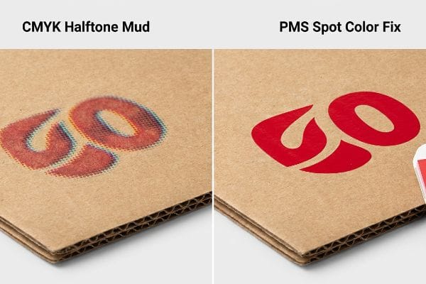 Le carton ondulé présente un logo rouge avec un effet de demi-teintes CMJN granuleuses (couleur boue) à côté d'une couleur Pantone vive (Pms Spot Color Fix), illustrant la qualité d'impression.