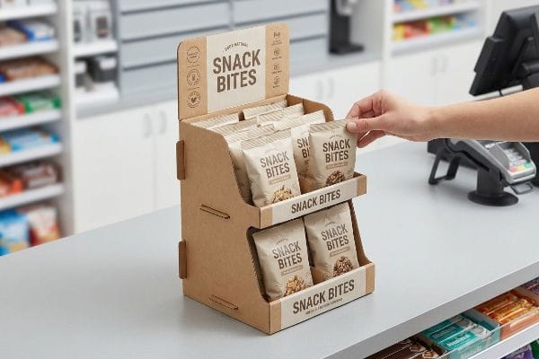 Hand picks 'Snack Bites' from two-tier cardboard POP display. Features '100% Natural', 'Gluten Free', 'Vegan', 'High Fiber' claims.