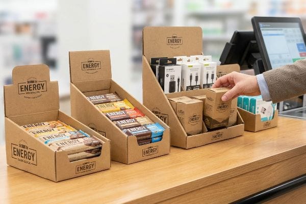 Energy Counter Displays Hand selects Energy branded product from cardboard counter displays featuring Energy bars and electronic accessories at retail checkout.