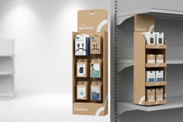 Two custom sidekick displays, hanging corrugated cardboard fixtures, showcase boxed tech accessories in a retail aisle.