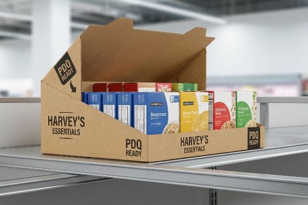 Corrugated cardboard Harvey's Essentials Pdq Ready display unit with Boosroot and Brant Oats cereals.