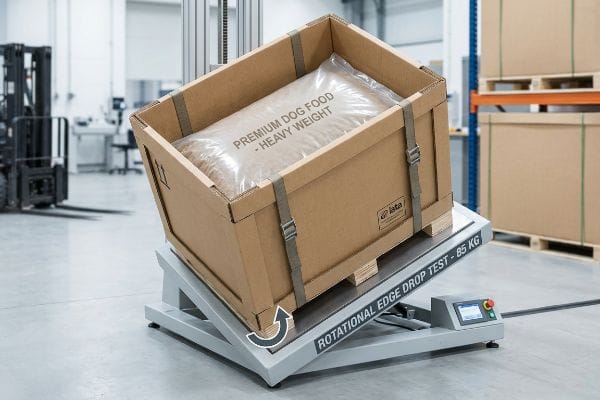 A heavy corrugated box with 'Ista Premium Dog Food - Heavy Weight' undergoes a Rotational Edge Drop Test - 85 Kg.