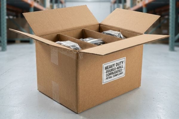 Heavy Duty Corrugated Box Brown double-wall corrugated box with internal dividers, holding items, labeled 'Heavy Duty - Double-Wall Corrugated - Retail Compliant' in a warehouse.