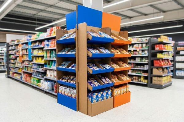 A high-contrast structural merchandiser featuring blue and orange shelves filled with packaged snacks in a retail aisle.