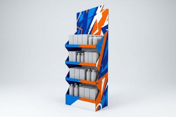 POP Display Graphics A tall, multi-tiered POP display with high-contrast blue and orange geometric graphics, featuring four shelves holding generic white boxes and bottles.